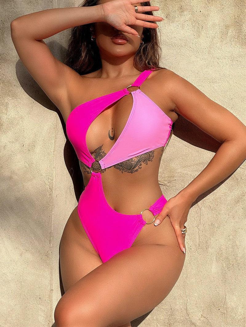 One-Shoulder Cutout Ring Detail One-Piece Swimsuit-Hot Pink-7
