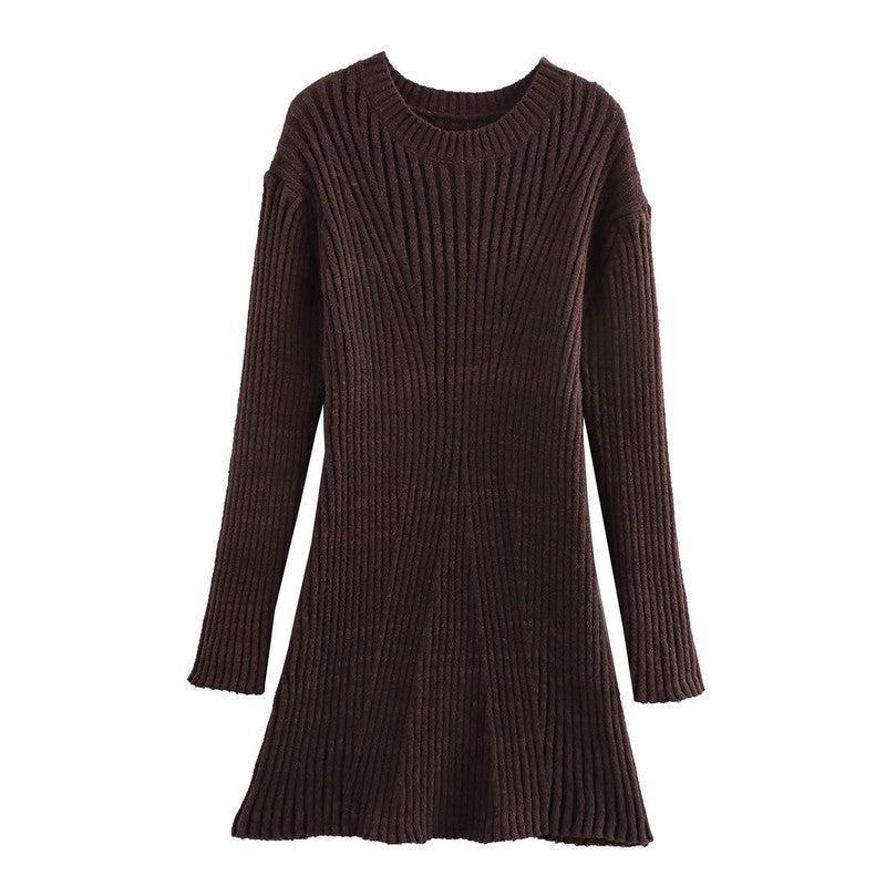 Fashion Solid Ribbed Knitted Dress ā Slim-Fit A-Line Dress with Stand-Up Collar | Elegant Fall & Winter Wear for Women-Black-5