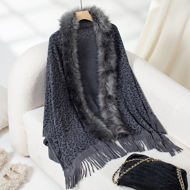 Leopard Faux Fur Poncho Cardigan