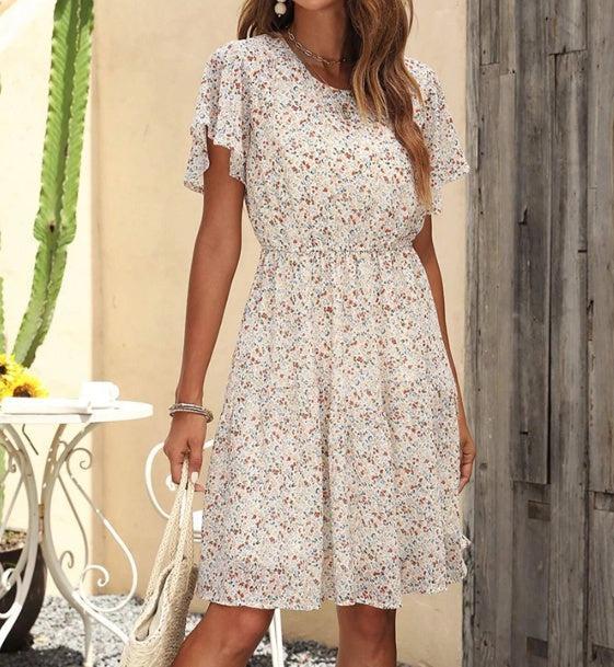 Women's V-Neck Floral Print Butterfly Sleeve Dress | European & American Style Vacation Dress