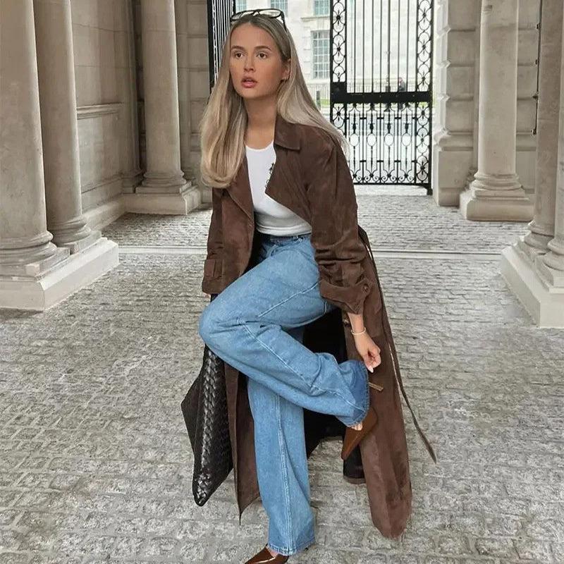 Women's Double-Breasted Suede Coat ā Vintage Long Winter Trench with Belt-6