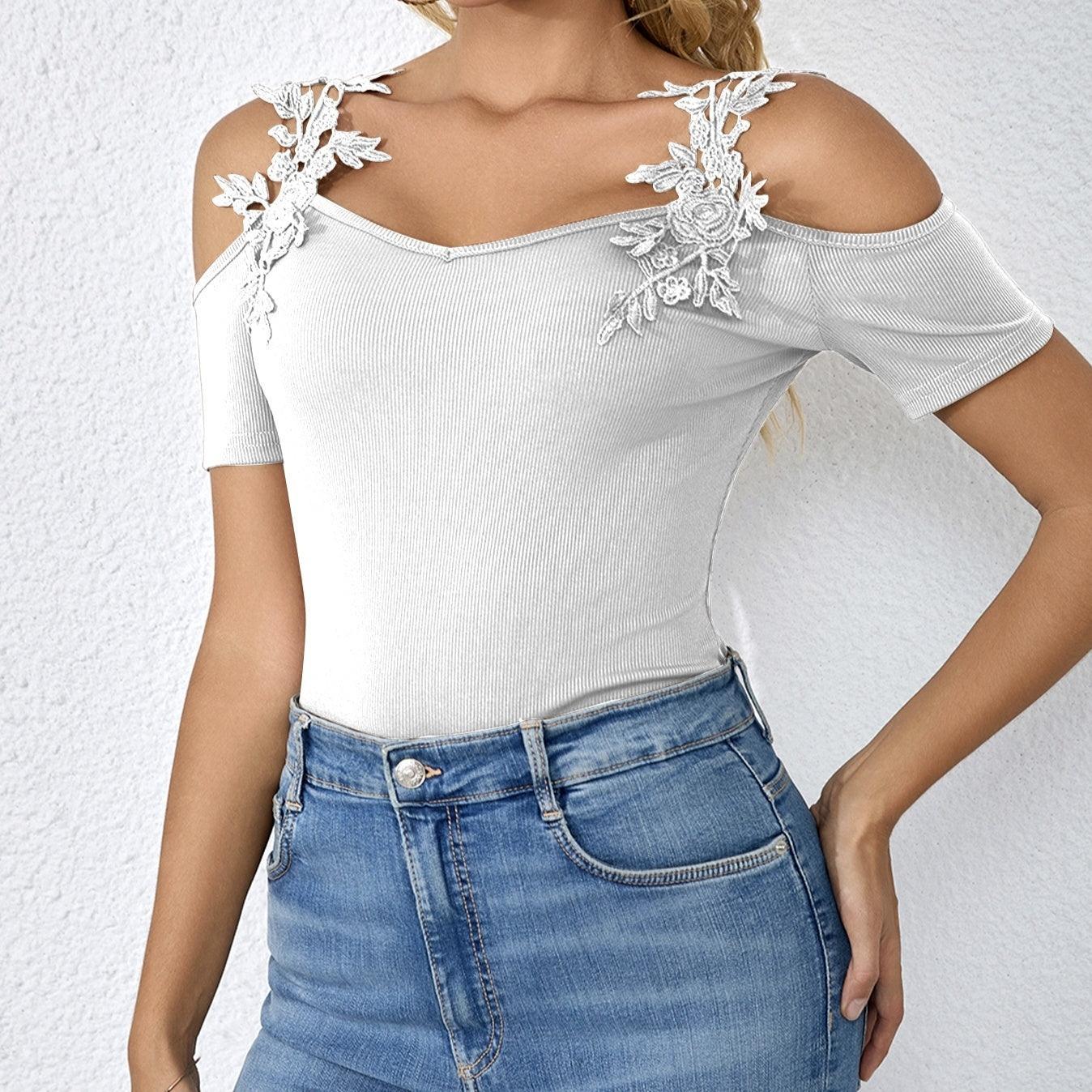 Ladies' V-Neck Solid Color Lace Patchwork T-Shirt | Lightweight and Fashionable Casual Top