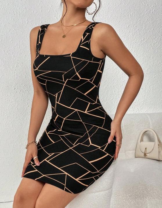Woman wearing a fitted black mini dress with abstract tan geometric lines and a square neckline, posing confidently against a white wall.