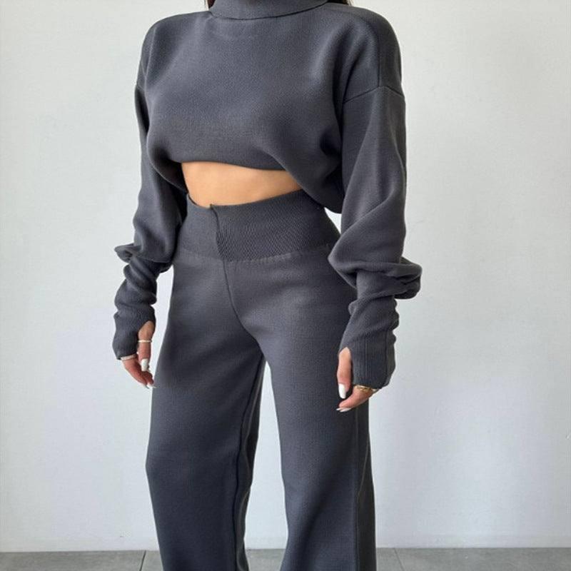 Autumn And Winter New European And American Turtleneck Loose Long Sleeve Top Female Casual Fashion Set-Grey-10