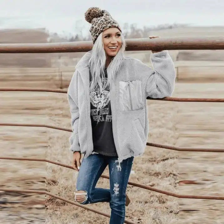 Fashion Women's Zipper Loose Thick Woolen Coat-Grey-7