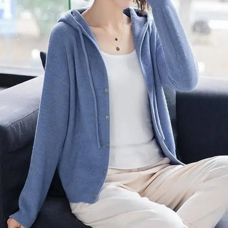 Hooded Sweater Coat Women Long Sleeve Single-breasted-8