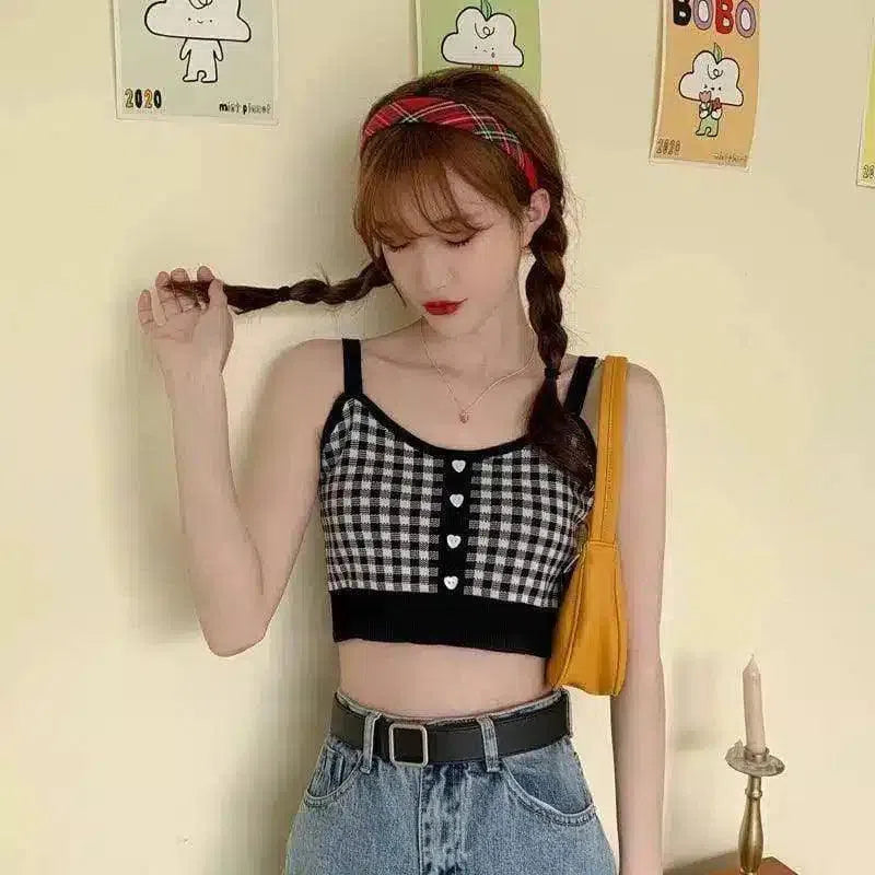 Buttoned Knit Crop Top for Casual Wear-Black-4