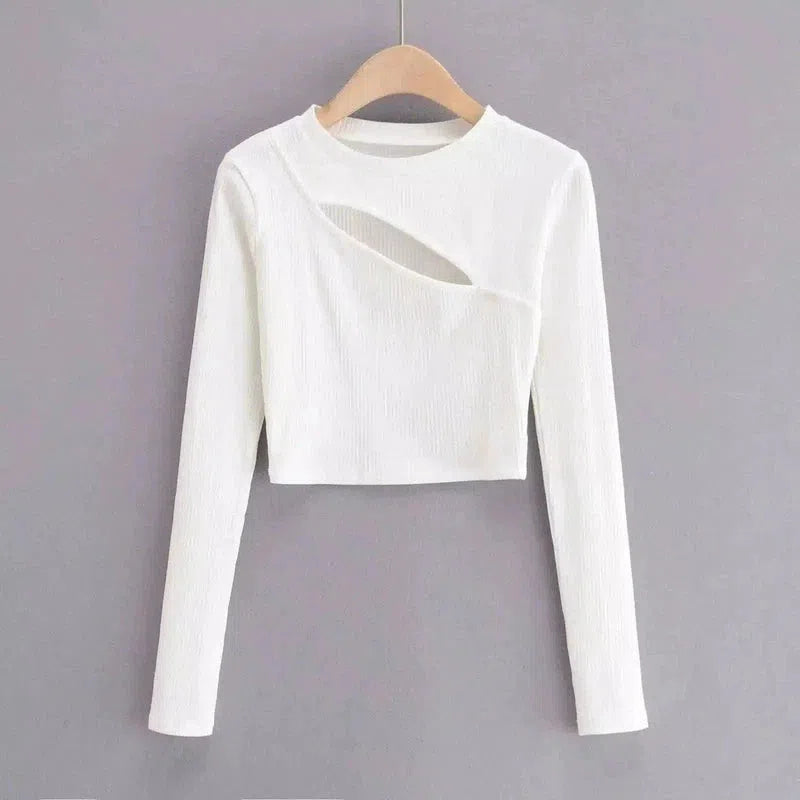 Cropped Knit Sweaters with Long Sleeves-White-5