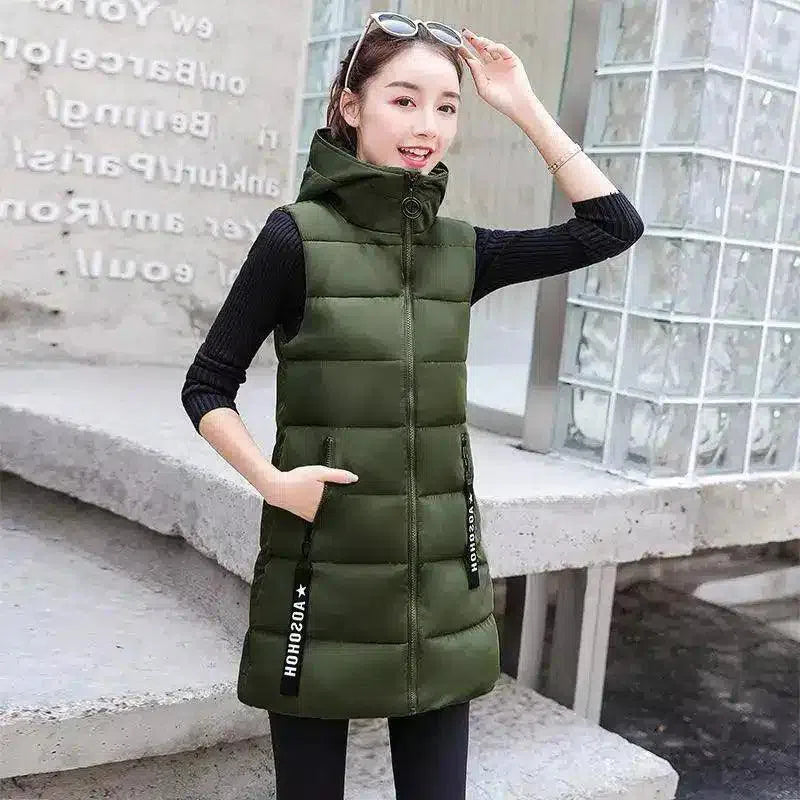 Women's Sleeveless Padded Zip Vest-Army Green-6
