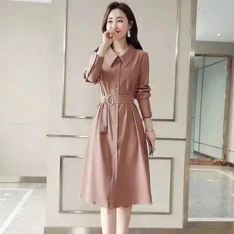 Women's Belted Midi Shirt Dress-Pink-2