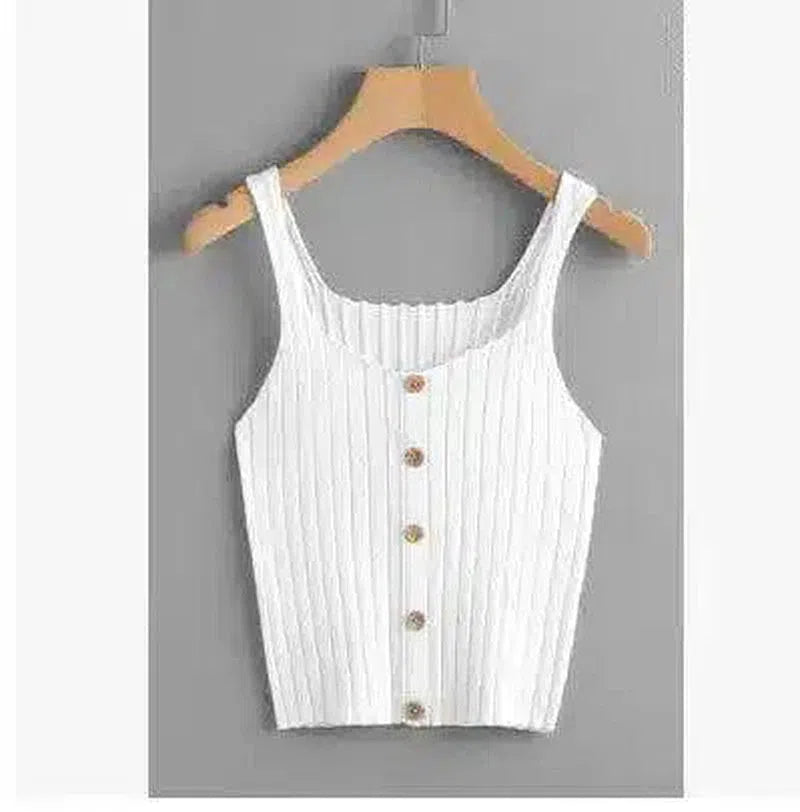 Ribbed Knit Tank Top with Button Detail-White-5