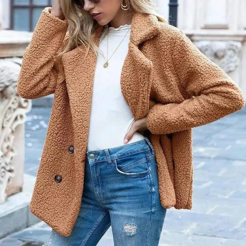 Women's Buttoned Fleece Jacket-Camel-5