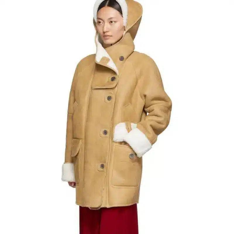 Camel fur cute bear hooded zipper long coat-Faux fur camel-1