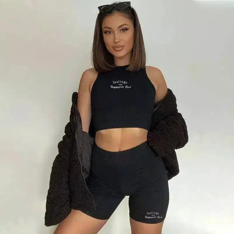 Womens' Sporty Crop Top and Shorts Set-Black-3