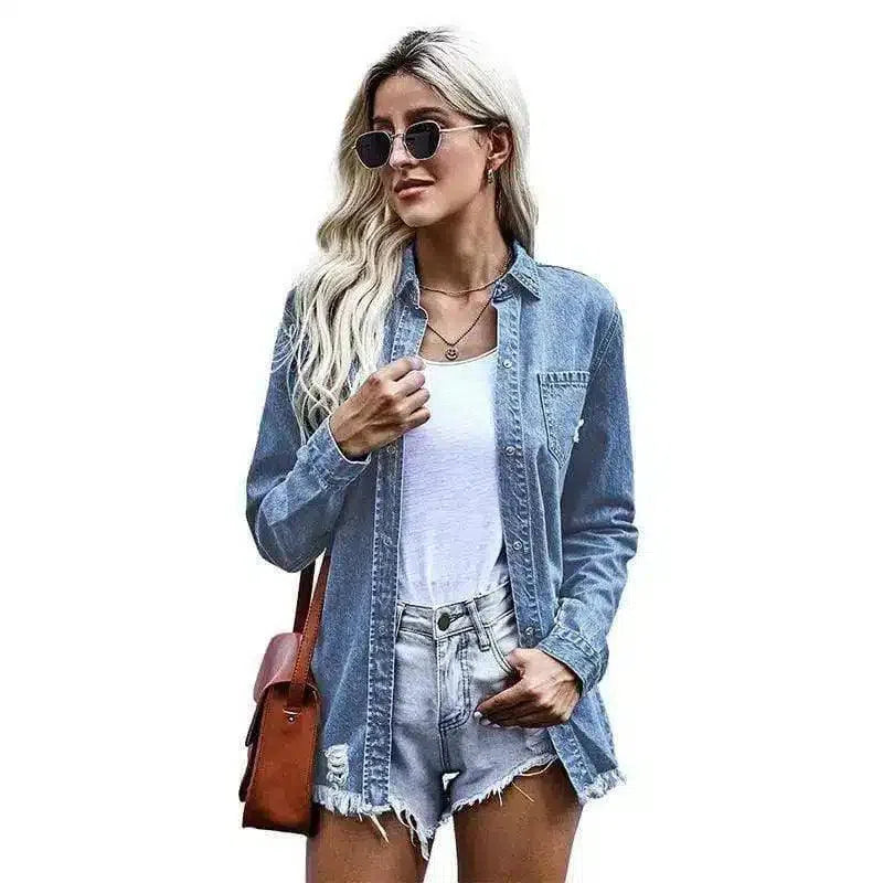 Women's Casual Denim Jacket-Dark Blue-3