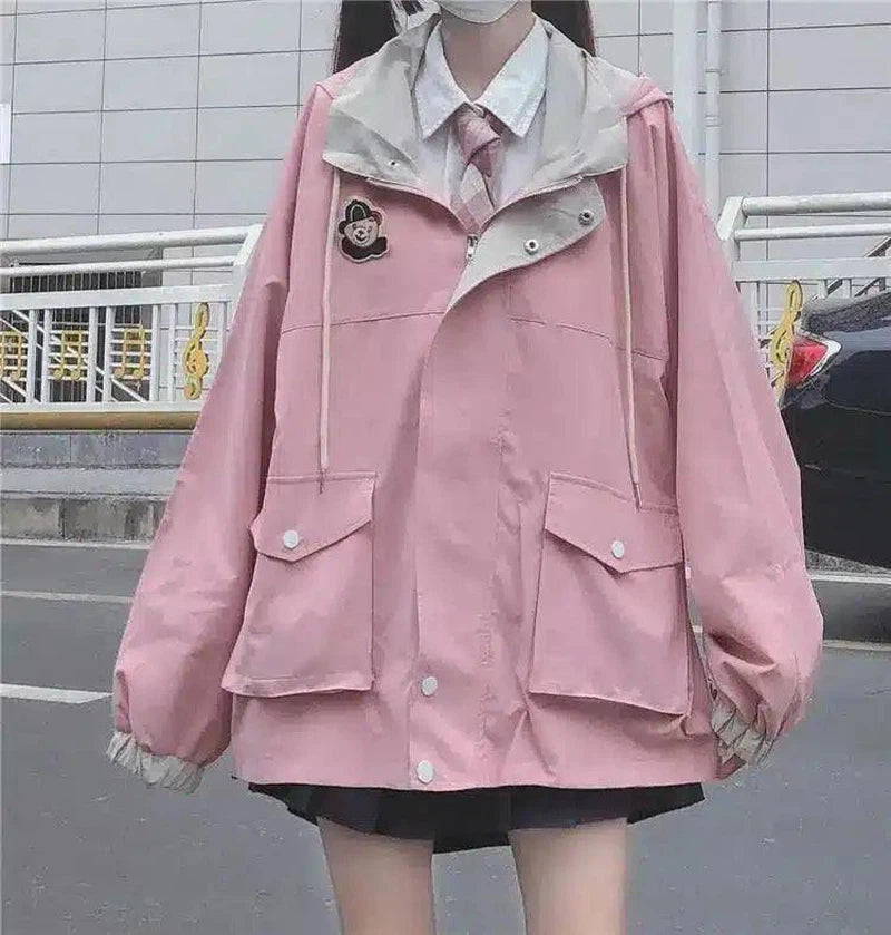 Color-Blocking Hong Kong Style Jacket Female Students Autumn-Pink-3