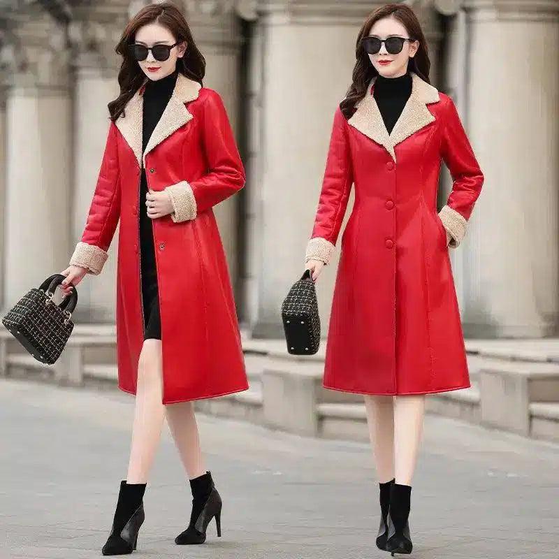 Composite fur coat with lapel-Red-2