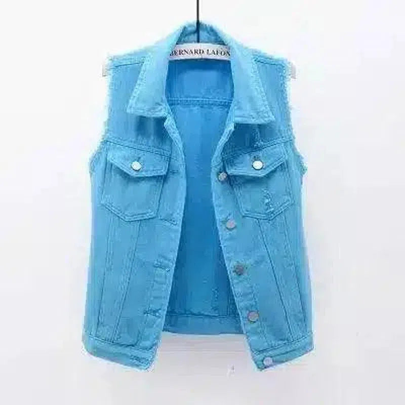 Women's Sleeveless Distressed Denim Vest-Blue-6