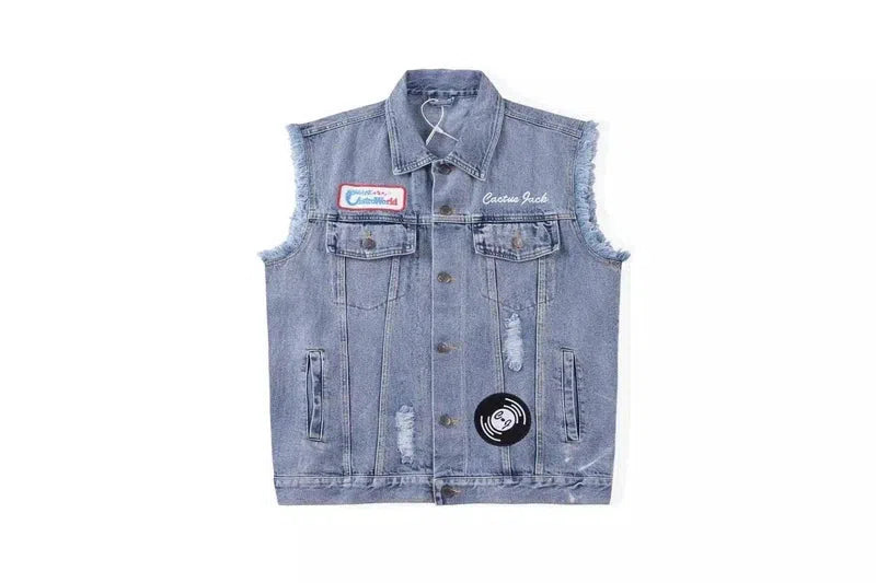 Sleeveless Denim Jacket with Patches-Light Blue-2