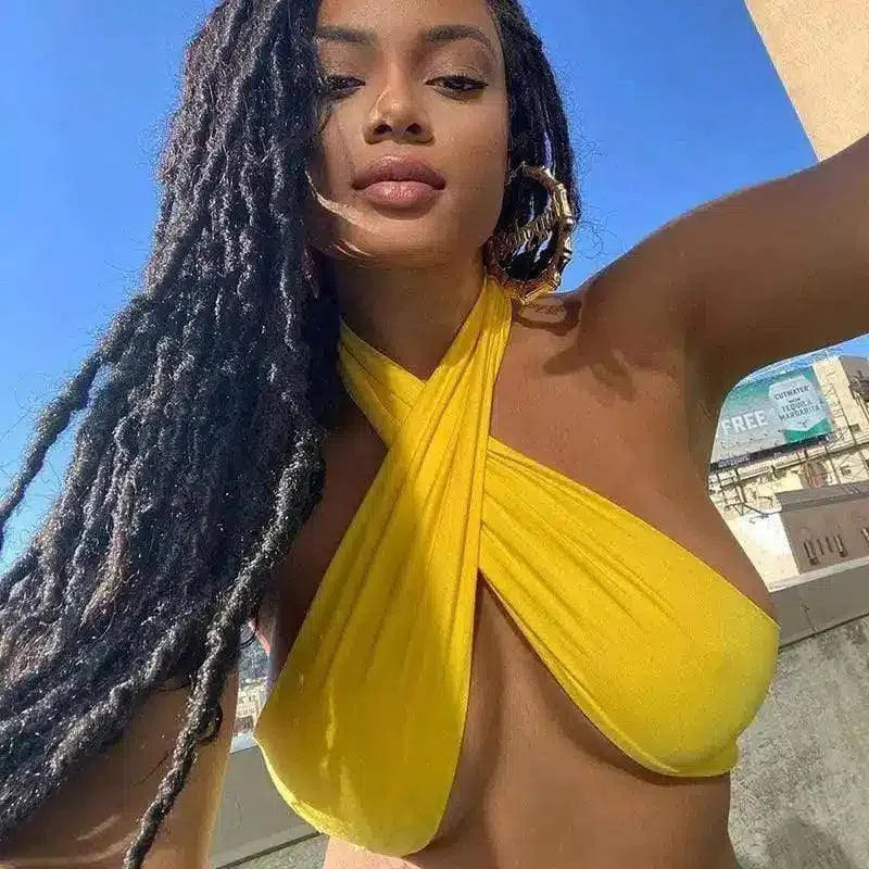 Women's Wrap Crop Top with Tie Waist-Yellow-7