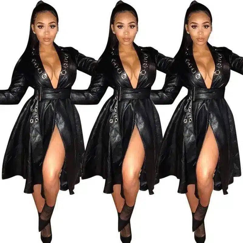 Women's Faux Leather Trench Dress with Belt-Black-1
