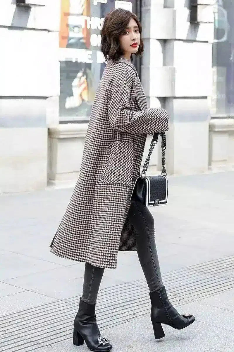 Women's Houndstooth Winter Coat with Pockets-Coffee-3