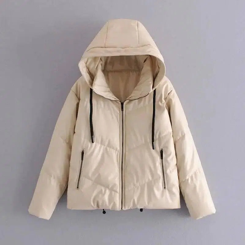 Faux Leather Cotton Jacket Women's Cotton Jacket-White-1