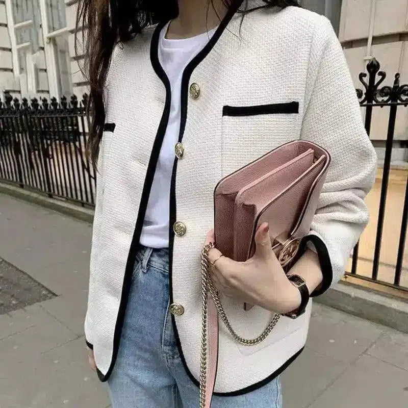 Women's Classic Shoulder Bag with Gold Clasp-White-3