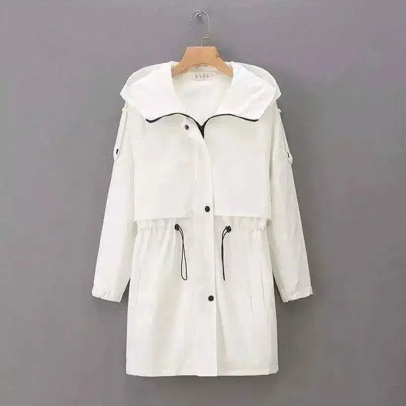 Hooded Women's Casual Jacket with Drawstring Waist-White-3