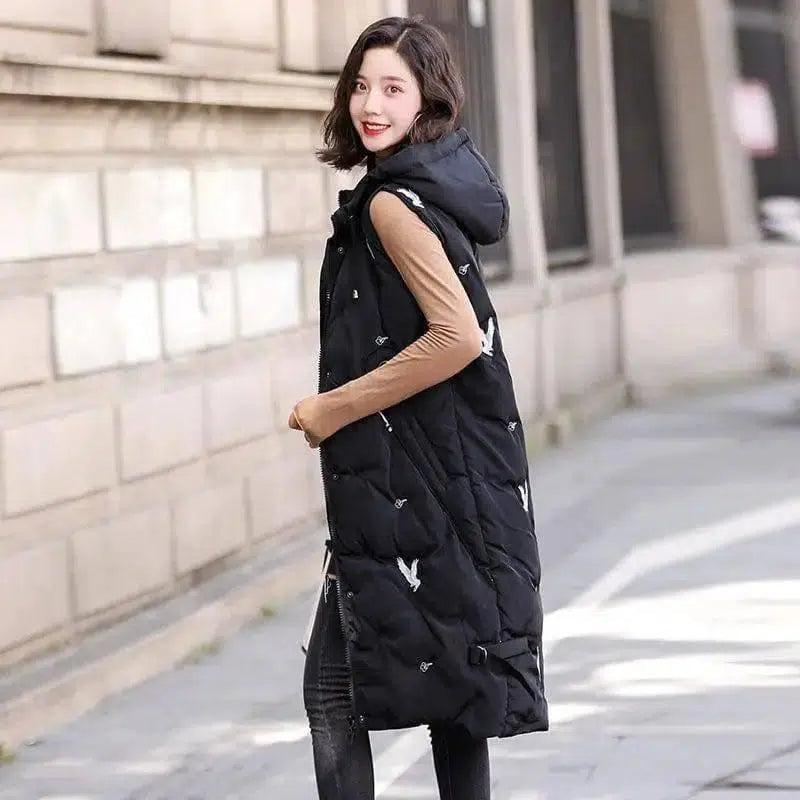 Hooded mid-length cotton vest-Black-3