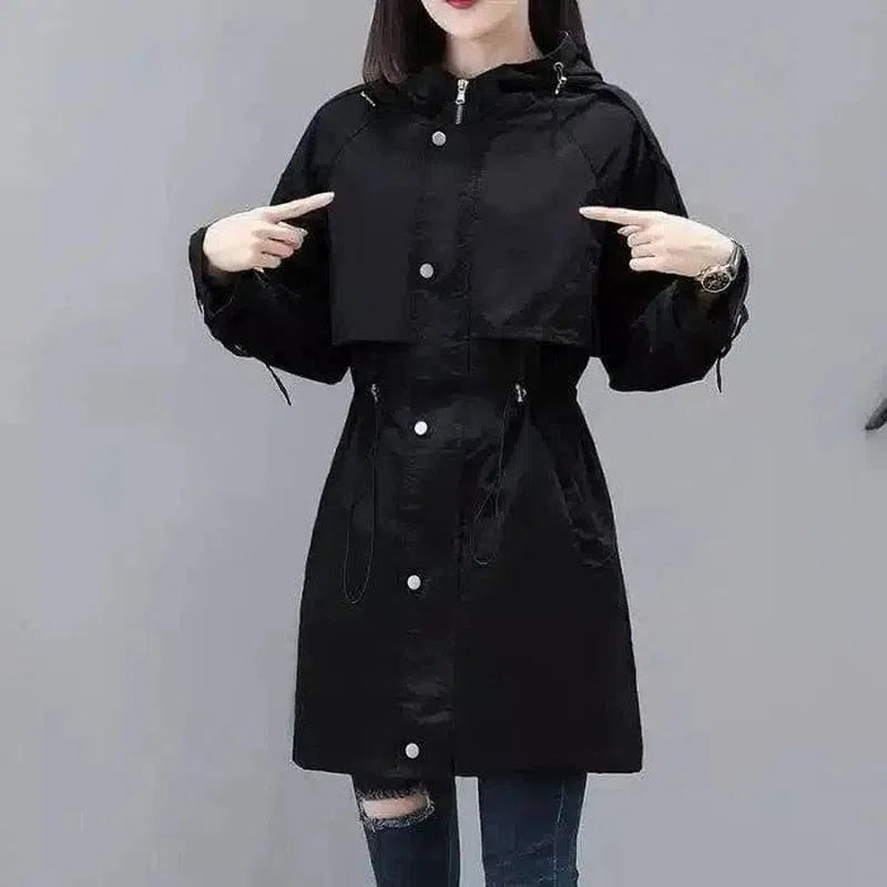 Women's Hooded Trench Coat with Drawstring Waist-Black-2