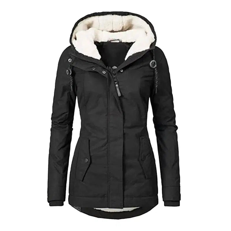 Hot Style Ladies Long-Sleeved Zipper Pocket Padded Coat-Black-3