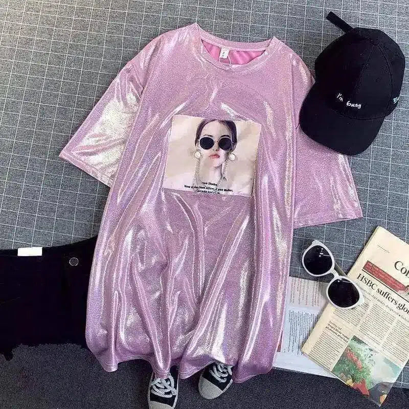 Shiny Casual Tee with Graphic Print-Rose pink-3