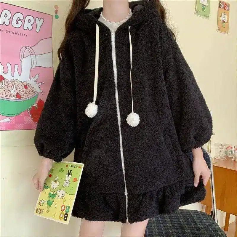 Fleece Hooded Cape with Pom-Pom Ties-Black-2