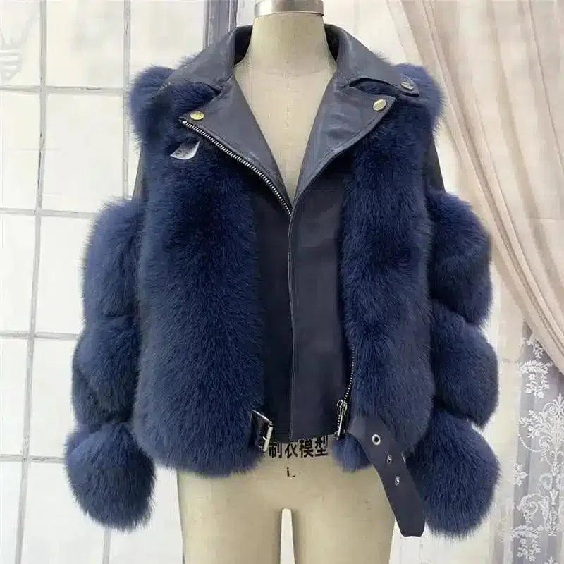 Faux Fur Jacket with Belt and Wide Collar-Navy blue-9