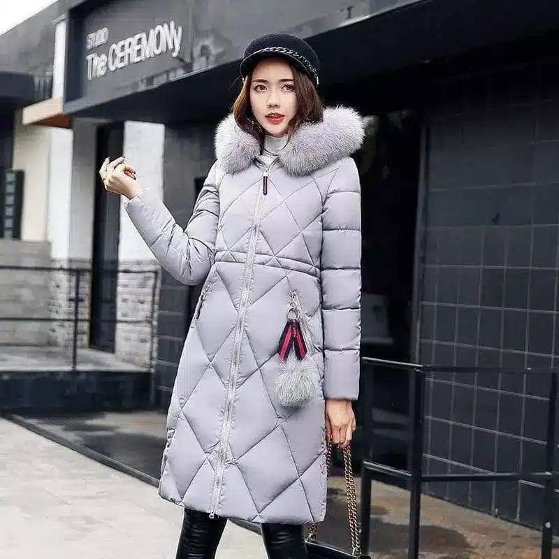 Long hooded padded down coat coat women-gray-8