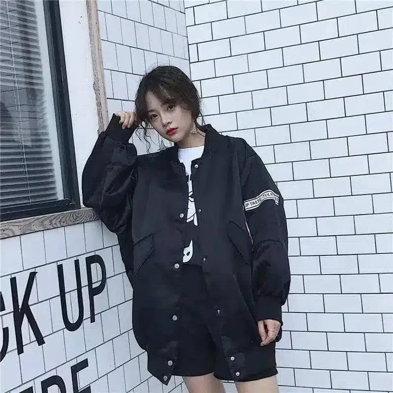 Oversized Statement Jacket with Graphic Print-Black-2