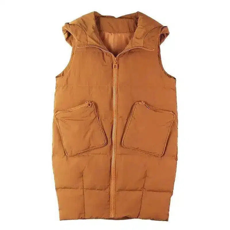 Hooded Sleeveless Puffer Vest with Pockets-Brown-5