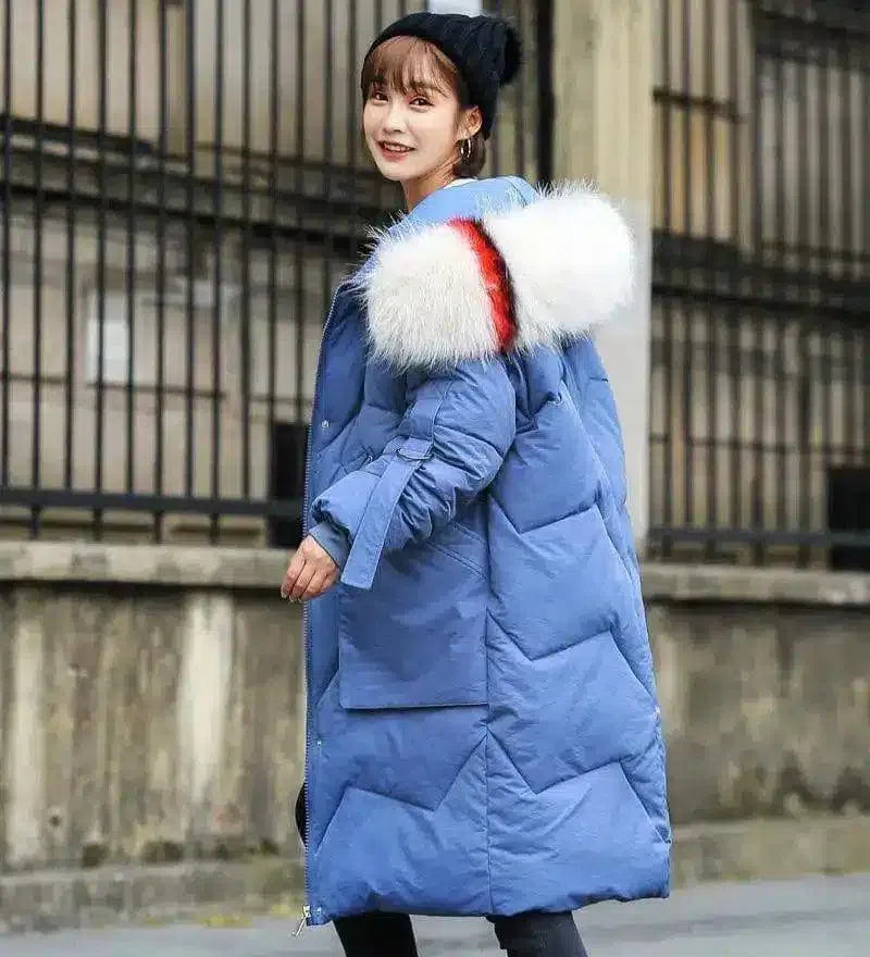 Winter Parka with Fur Hood for Women-Blue and white-9
