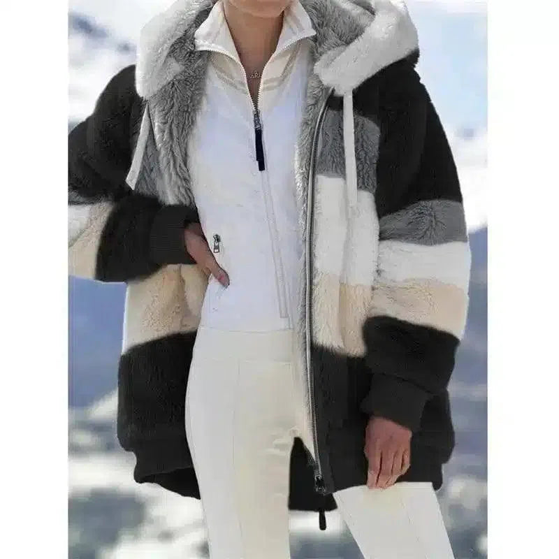 Women's Faux Fur Hooded Winter Coat-Black-6
