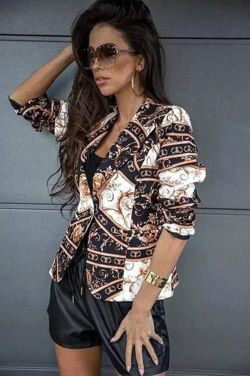 Women's Printed Blazer with Faux Leather Shorts-black apricot-4