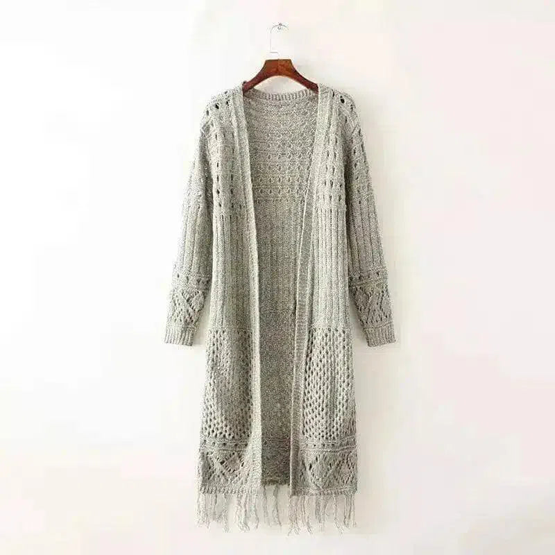 Long Knit Cardigan with Fringe Detail-Gray-2