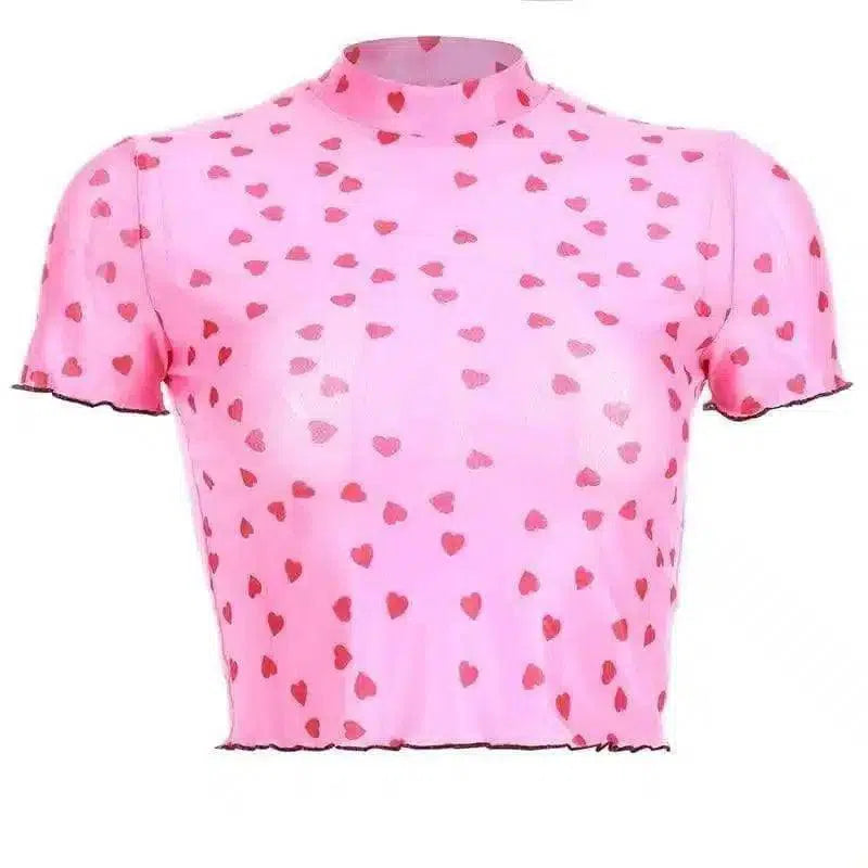 contrast mesh short-sleeved umbilical top-Pink-5