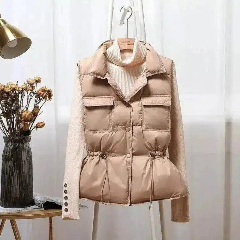 Quilted Women's Fashion Vest with Pockets-Khaki-5