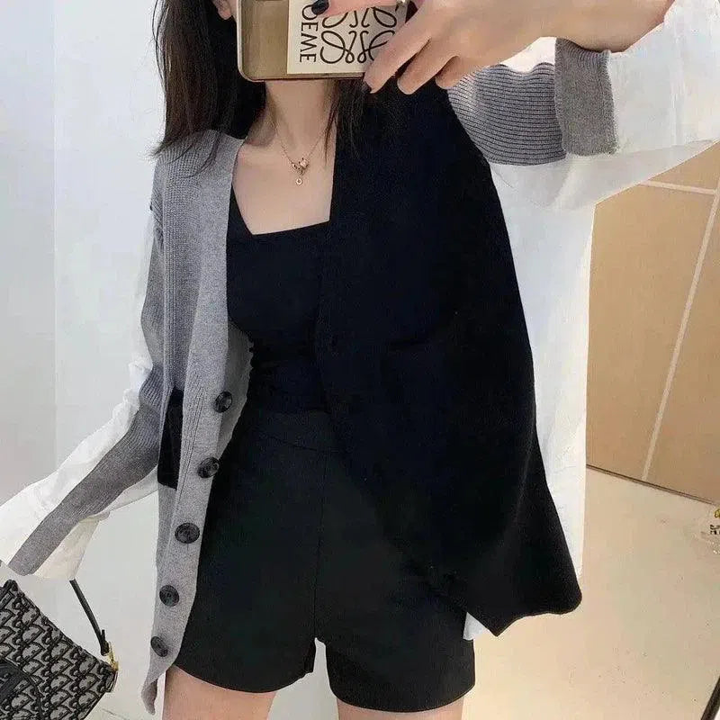 Women's Casual Buttoned Cardigan & Shorts Set-Grey-1