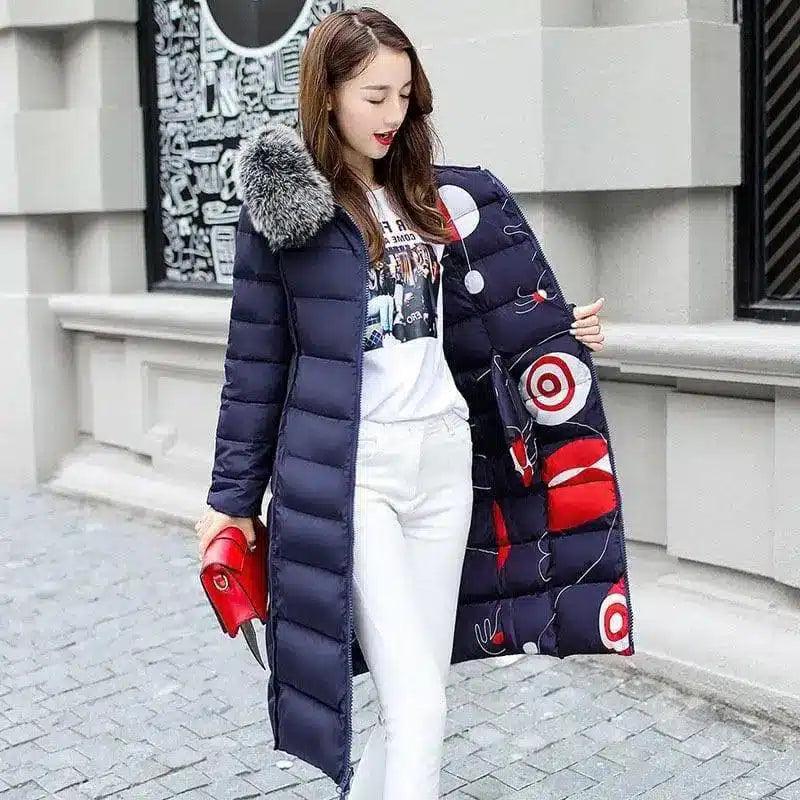 Student cotton coat women's mid-length-Navy blue-4