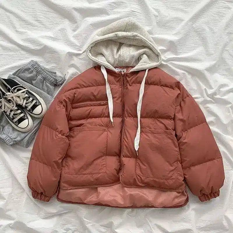 Student's Small Loose Bread Jacket Coat Hooded Cotton Jacket-Red-4