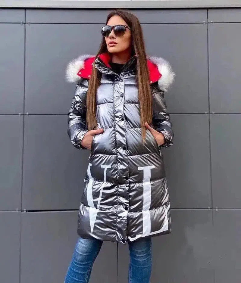 Women's Insulated Winter Coat with Fur Hood-Silver grey-3