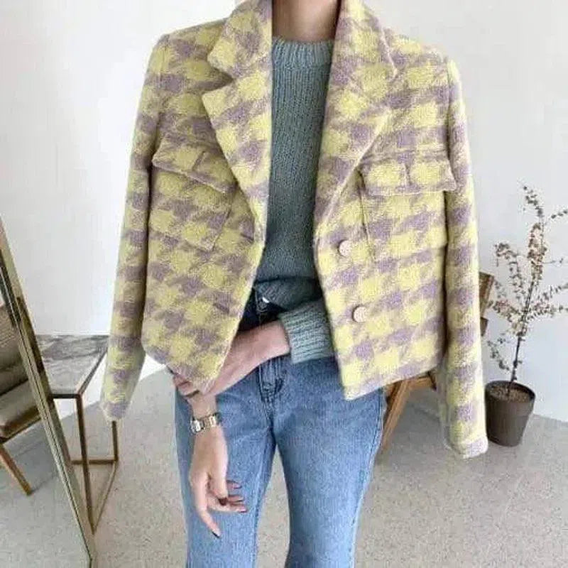 Women's Textured Tweed Cropped Jacket-Yellow-2