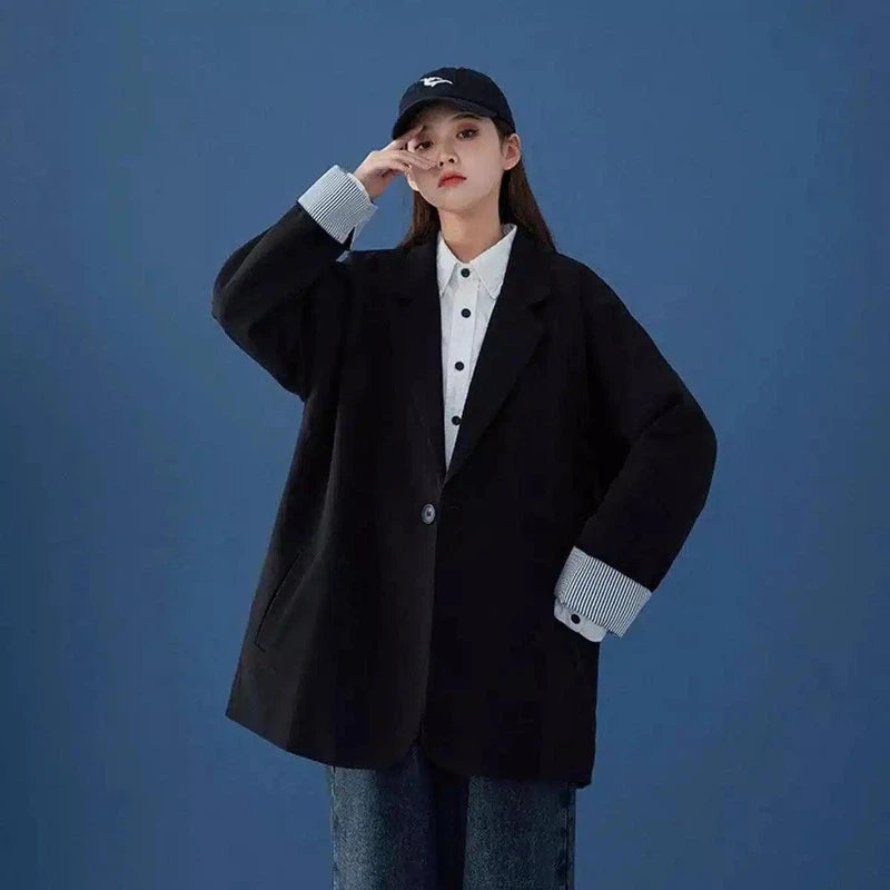 Oversized Trendy Hoodie with Striped Cuffs-Black-4